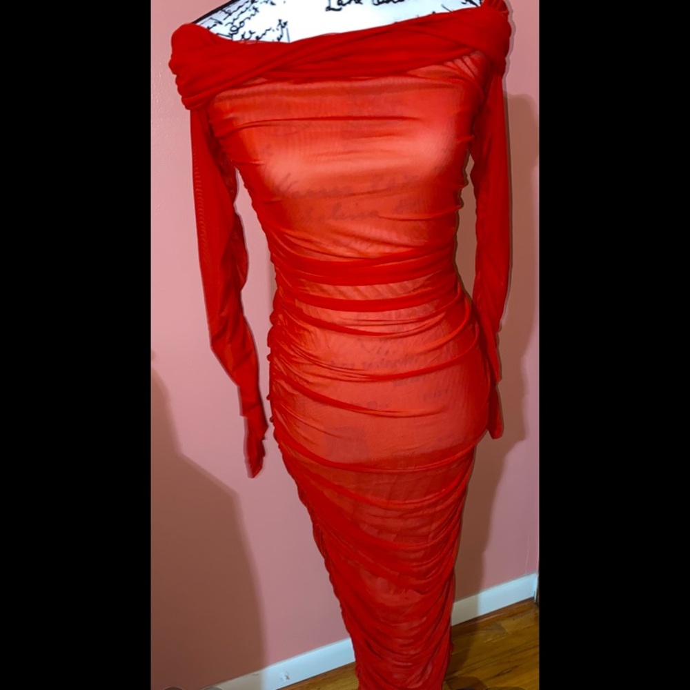 Red Off The Shoulder Ruched Dress